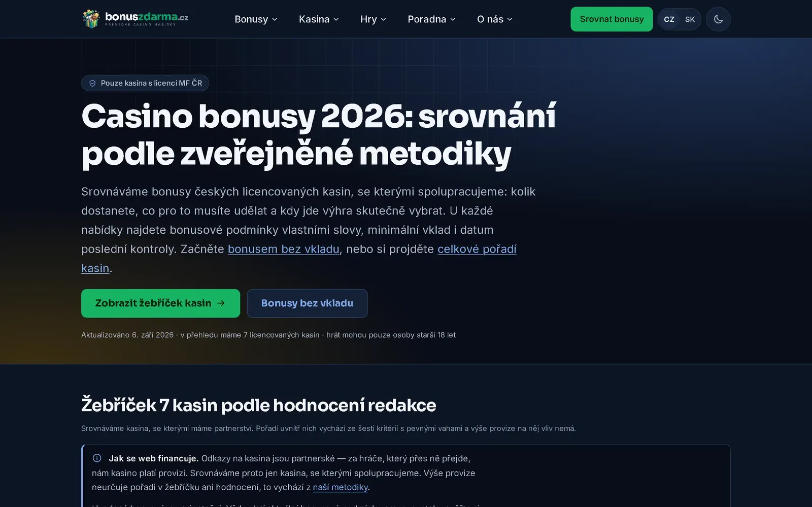 Úvodní obrazovka webu BonusZdarma.cz