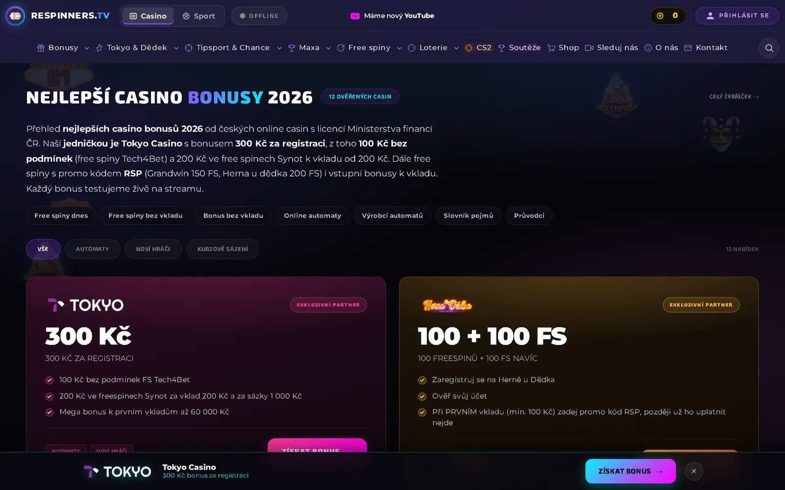 Úvodní obrazovka webu Respinners.tv