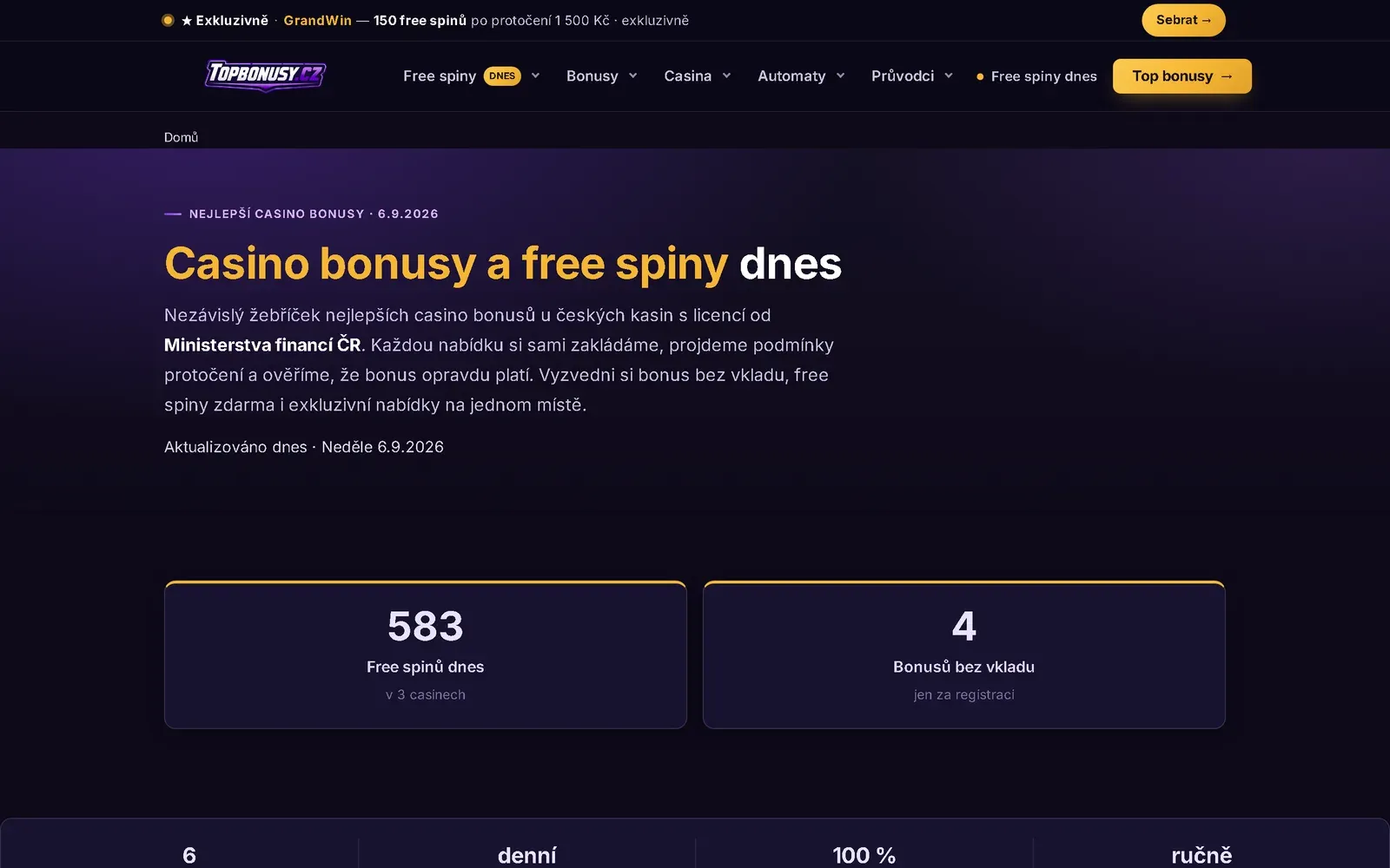 Úvodní obrazovka webu TopBonusy.cz